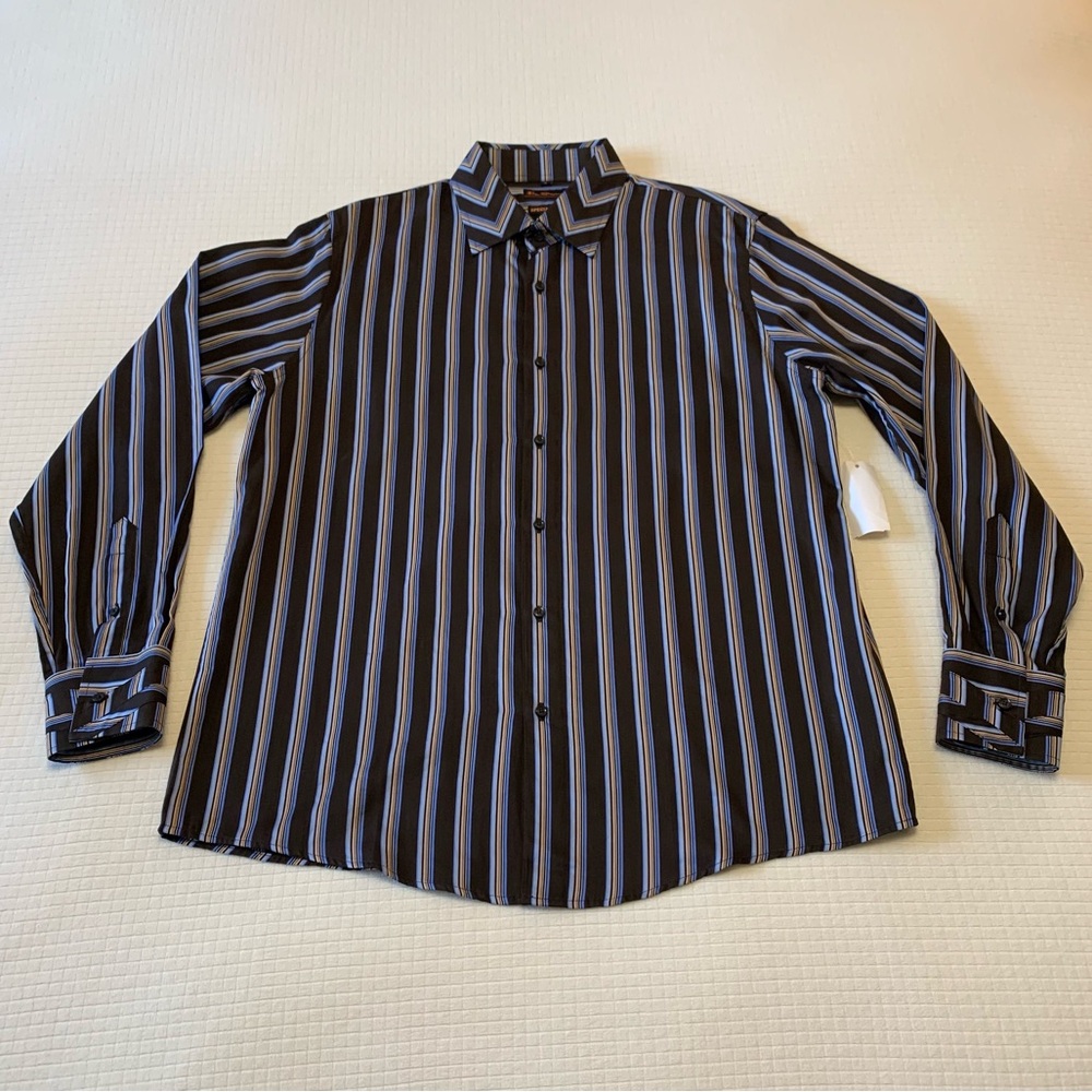 NWT Ben Sherman dark chocolate brown and blue striped button down shirt